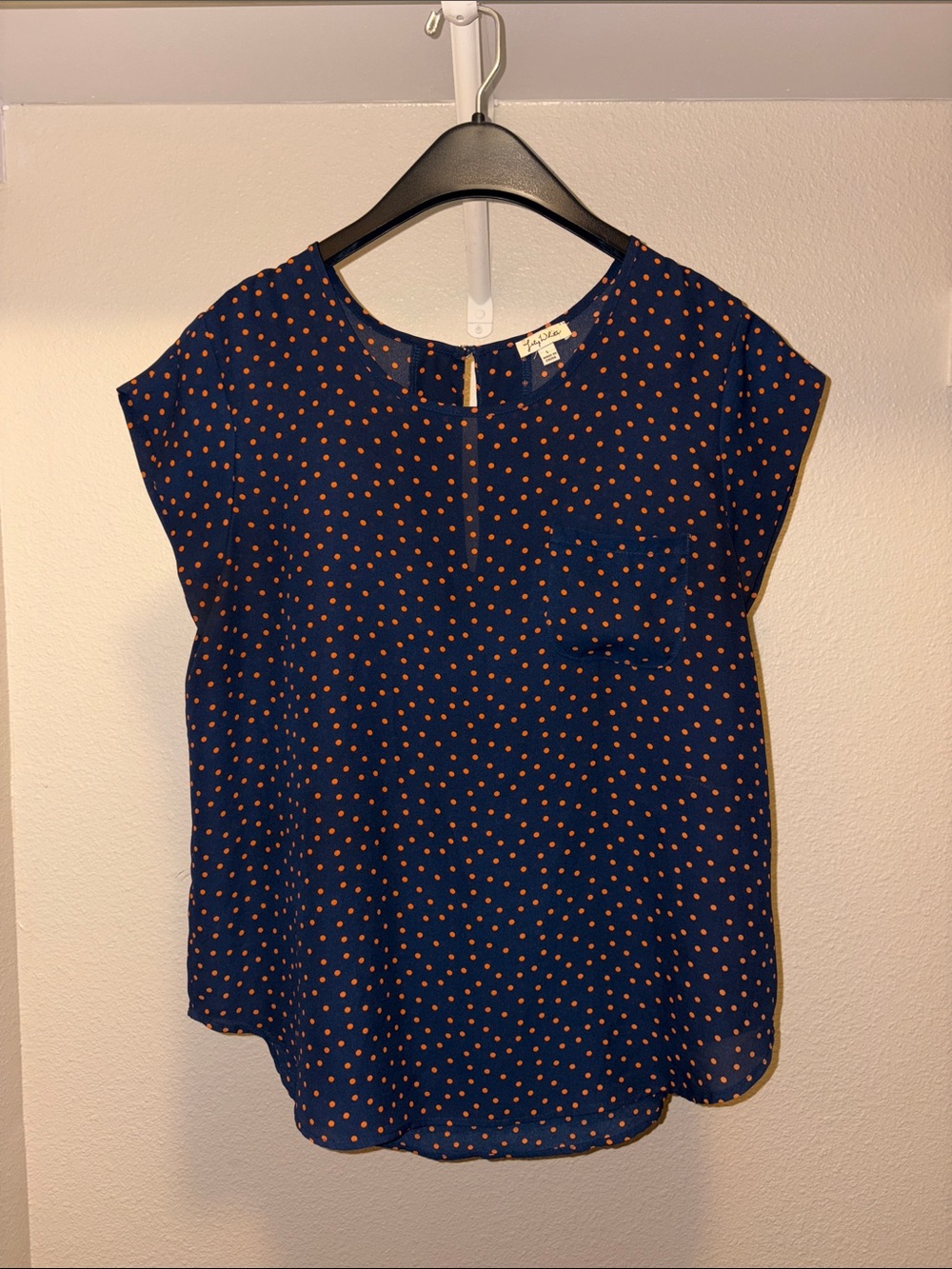 Lily White Navy Blouse with Orange Polka Dots